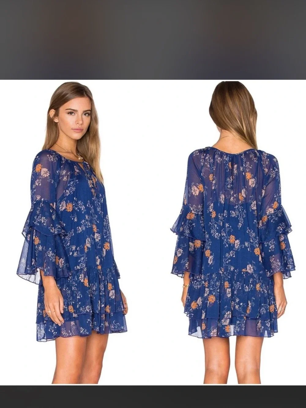 Free People Navy Floral Tiered Bell-Sleeve Dress